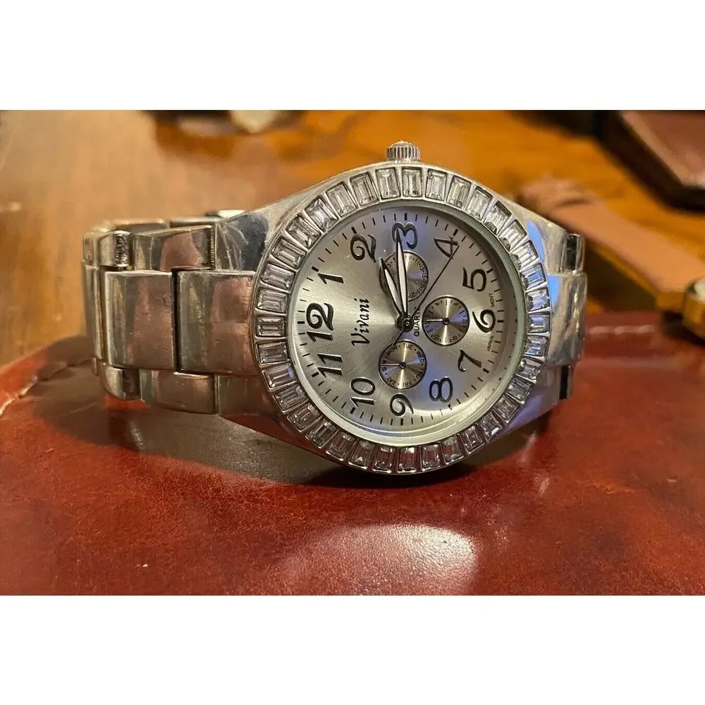 Women's Silver Tone Vivani Watch, Crystal Accented Bezel, Adjustable Band